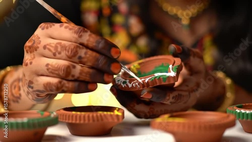 Hands painting clay lamps
