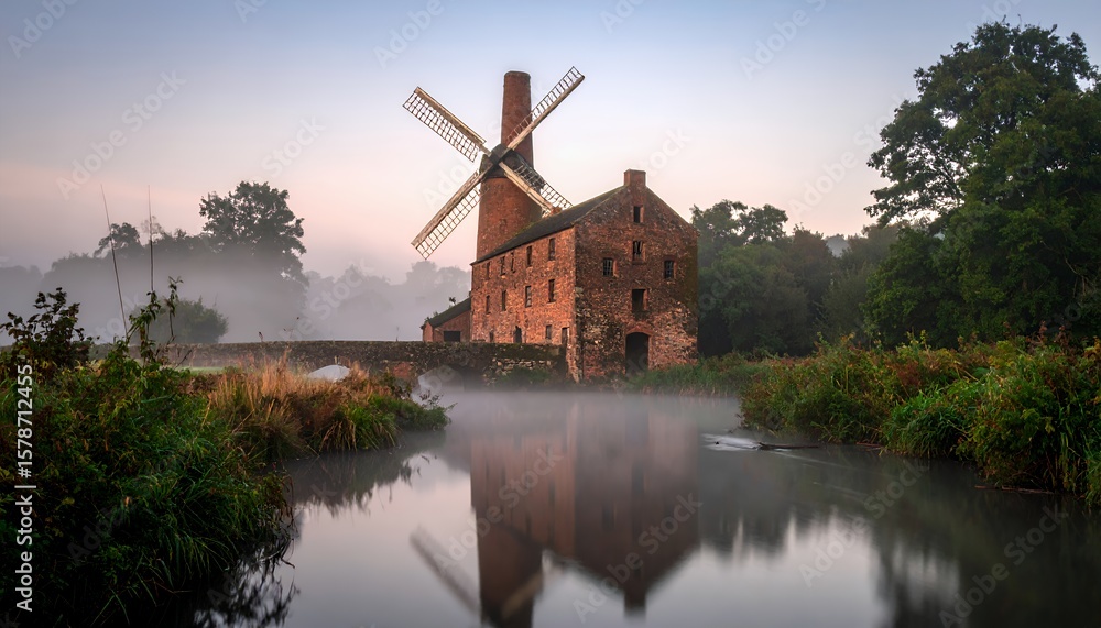 Fototapeta premium Misty Morning at the Old Windmill and River.
