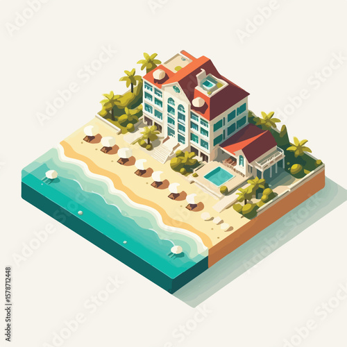 Image of a tropical hotel on the beach with a simple and minimalist flat design using a white background