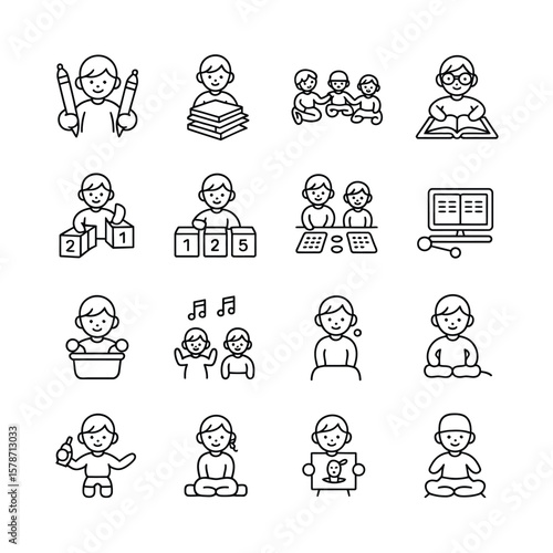 Wallpaper Mural Black and White Line Art Icons Depicting Children Engaged in Various Educational Activities Including Reading Writing Playing with Blocks Learning Numbers Singing and Drawing Torontodigital.ca
