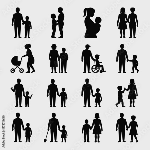 Black Silhouette Icons Depicting Diverse Family Structures Including Parents Children Infants Couples and Individuals with Disabilities in Various Poses and Configurations