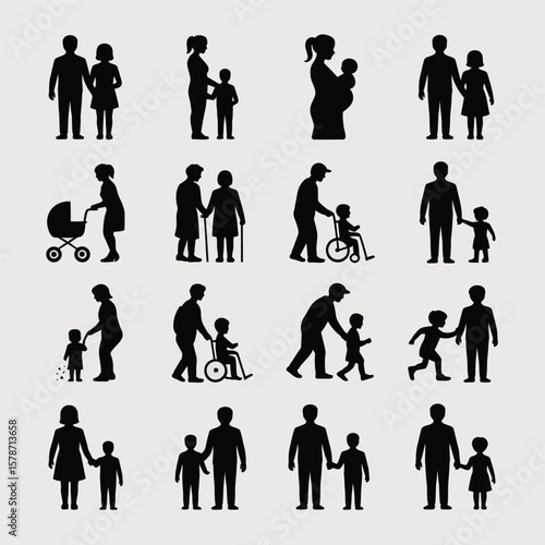 Black Silhouette Icons Depicting Diverse Family Structures Including Parents Children Infants Toddlers Elderly Individuals Using Mobility Aids and a Baby Stroller Against a