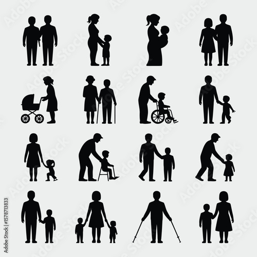 Black Silhouette Icons Depicting Diverse Family Units Including Couples Parents with Children Infants Toddlers and Elderly Individuals Using Mobility Aids