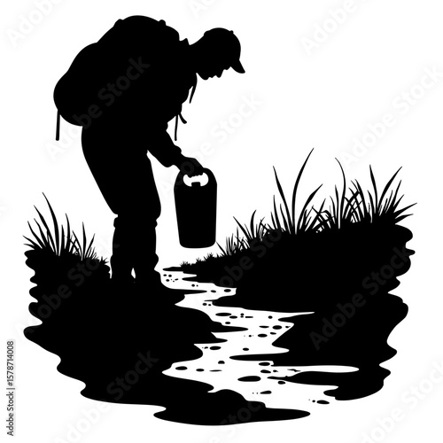 Silhouette of person collecting water from stream, outdoor survival and sustainability