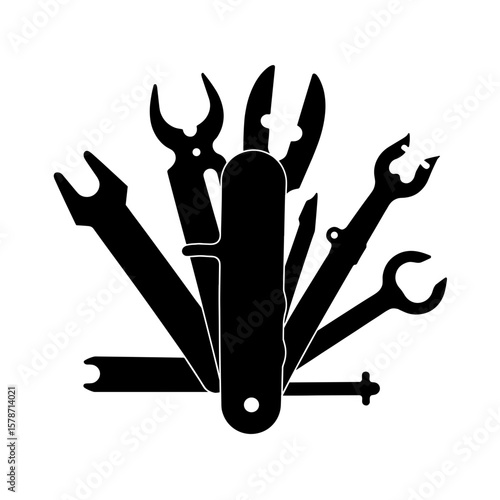 Silhouette of multi-tool pocketknife with various tools, survival gear essential
