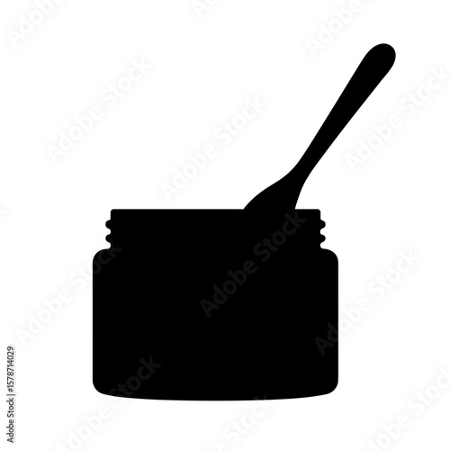 Silhouette of clay mask jar with wooden spatula, skincare natural product