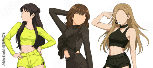 Set vector illustrations of kpop idols singing and dancing on stage. Bundle vector kpop music star. Modern idol group dancer with various different styles, poses and choreography. Korean pop cultures.