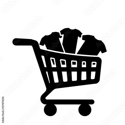 Shopping cart with clothes silhouette on white background, retail and fashion