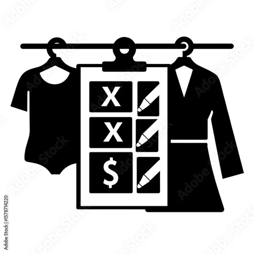 Fashion checklist silhouette with clothing on hanger, wardrobe planning and budgeting