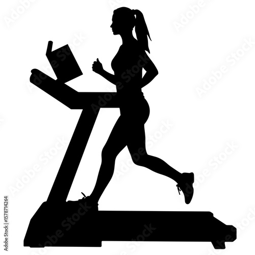 Silhouette Woman Running on Treadmill with Book, Fitness and Learning Dual Routine