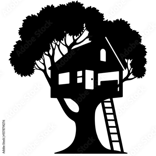 Treehouse silhouette with ladder, adventure and nature-themed design