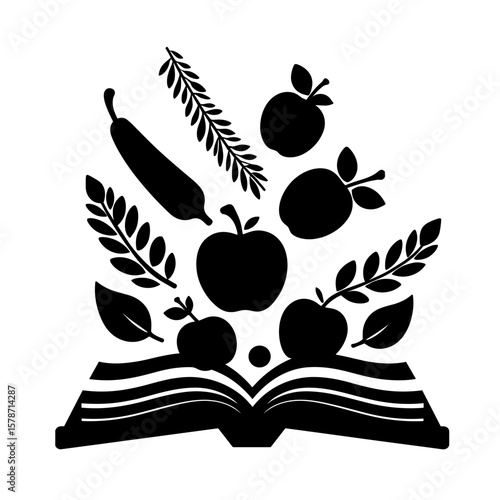 Silhouette of cookbook with fruits and grains, promoting plant-based eating