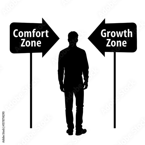 Silhouette of person between “comfort zone” and “growth zone” signs, life decision