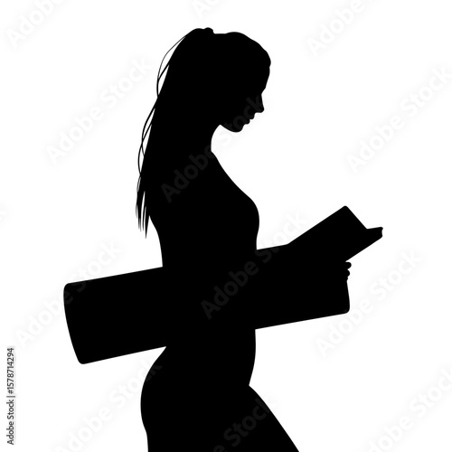 Silhouette of woman holding fitness book with yoga mat, health focus