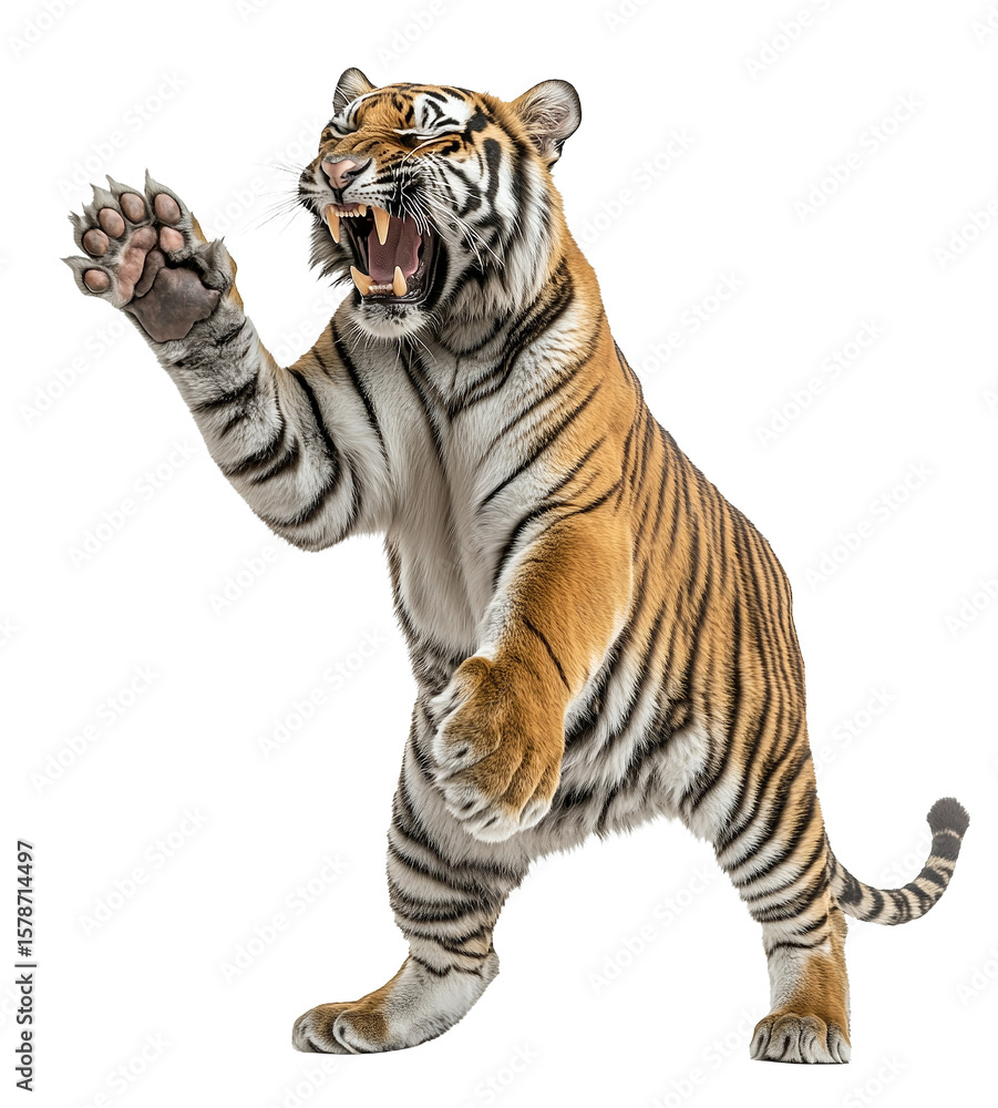 Fototapeta premium A tiger roaring and showing its claws isolated on white isolated on transparent background