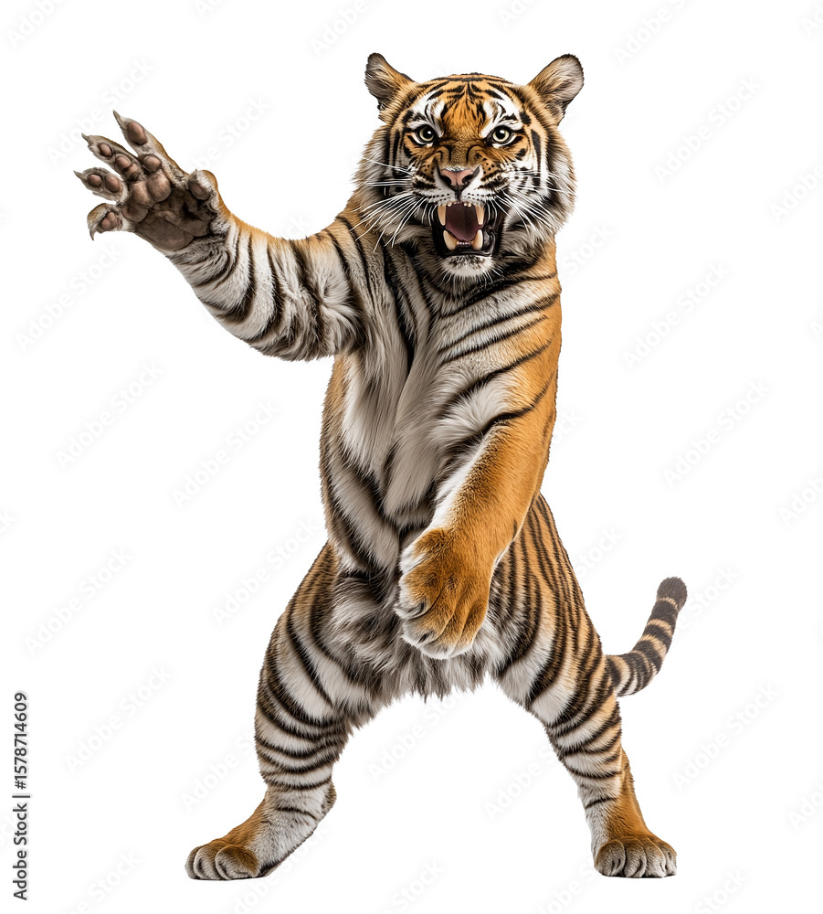 Obraz premium Aggressive tiger standing on hind legs, reaching out isolated on transparent background