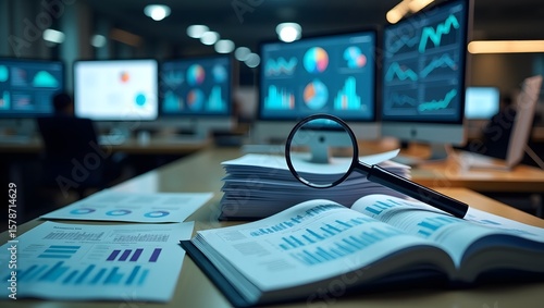 Magnifying glass and documents with analytics data lying on table,selective focus