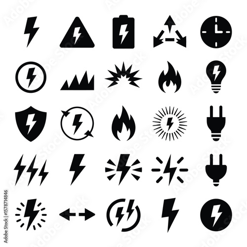 Collection of Black and White Electricity Power Energy Symbols Icons Set Flash Lightning Bolt Plug Warning Flame Battery Charge