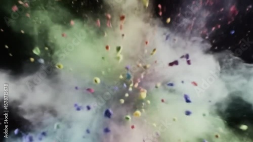 Explosive Burst of Colorful Powder and Particles Against a Black Background