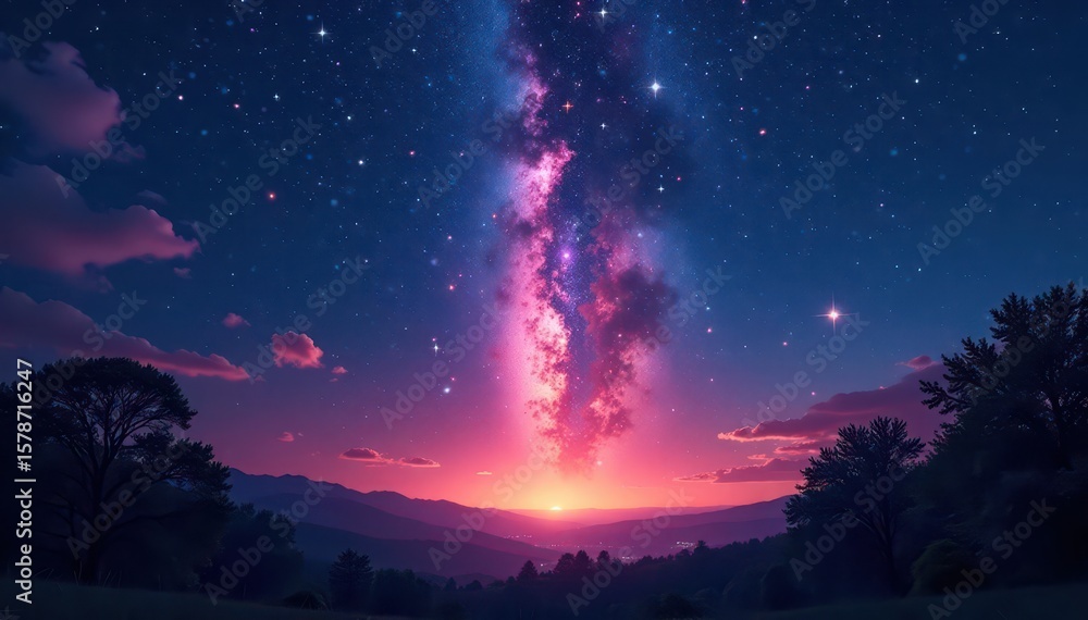 Fototapeta premium Fiery meteor shower explodes across starlit night sky, majestic trees silhouetted , milky way, bright, shooting star