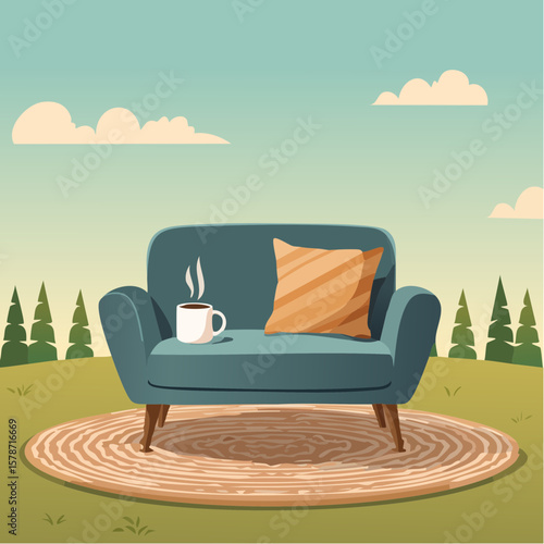 Cozy corner with a soft armchair and a steaming mug on a woven blanket