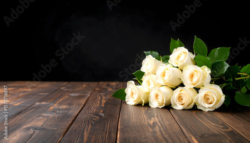 Fresh Elegant White Roses Resting on Dark Wooden Table