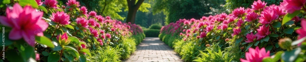 Fototapeta premium Vibrant azaleas & rhododendrons bloom along a garden path , pretty, purple, springtime