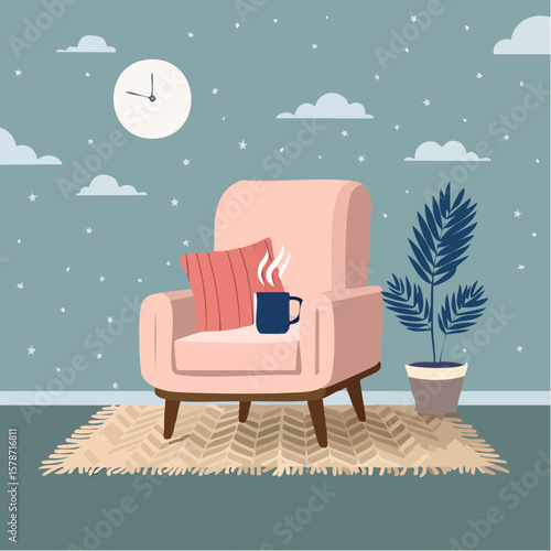 Cozy corner with a soft armchair and a steaming mug on a woven blanket