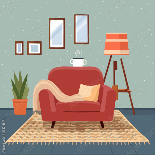 Cozy corner with a soft armchair and a steaming mug on a woven blanket