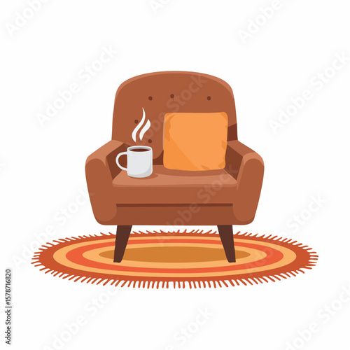 Cozy corner with a soft armchair and a steaming mug on a woven blanket