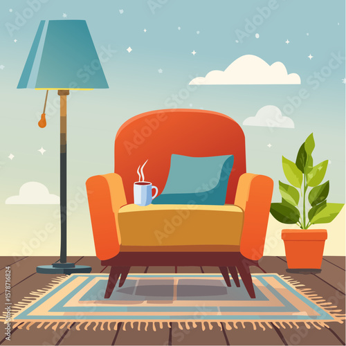 Cozy corner with a soft armchair and a steaming mug on a woven blanket