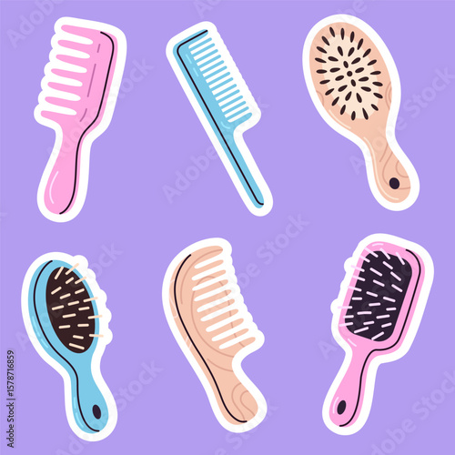 Fun sticker set with colorful combs and brushes for haircare and grooming design