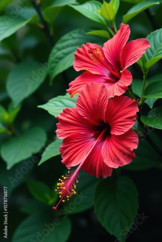 Wallpaper Mural Vibrant hibiscus blooms & lush leaves, tilted dynamic composition, graphics, red, abstract Torontodigital.ca