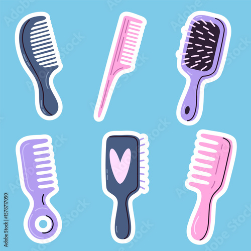Colorful sticker collection featuring combs and brushes on light blue background