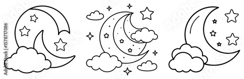 Moon, Stars, and Cloud Coloring Book Page - Outline Design