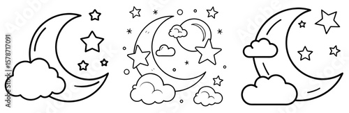 Moon, Stars, and Cloud Coloring Book Page - Outline Design