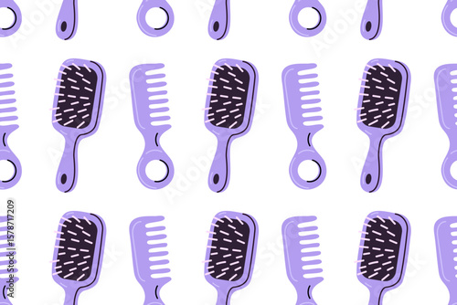 Haircare pattern featuring violet and lavender hairbrushes and combs with circular handles