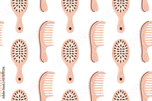 Repeating pattern of wooden hairbrushes and combs in natural beige tones for haircare themes