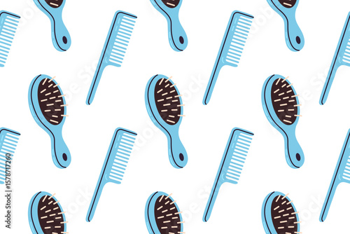 Seamless pattern of plastic combs and brushes with blue details for haircare and hygiene designs