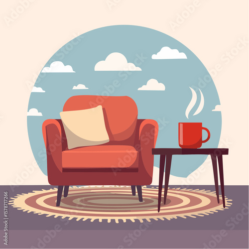 Cozy corner with a soft armchair and a steaming mug on a woven blanket