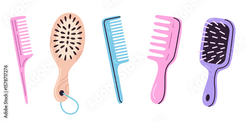 Compact collection of plastic hairbrush and combs in pastel tones for hair grooming