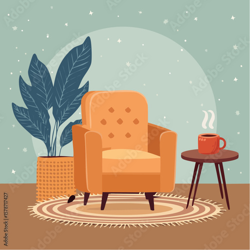 Cozy corner with a soft armchair and a steaming mug on a woven blanket