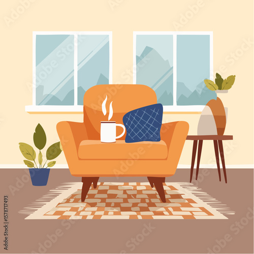 Cozy corner with a soft armchair and a steaming mug on a woven blanket