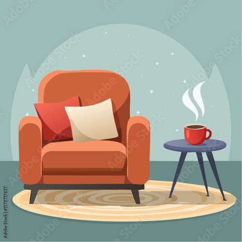 Cozy corner with a soft armchair and a steaming mug on a woven blanket