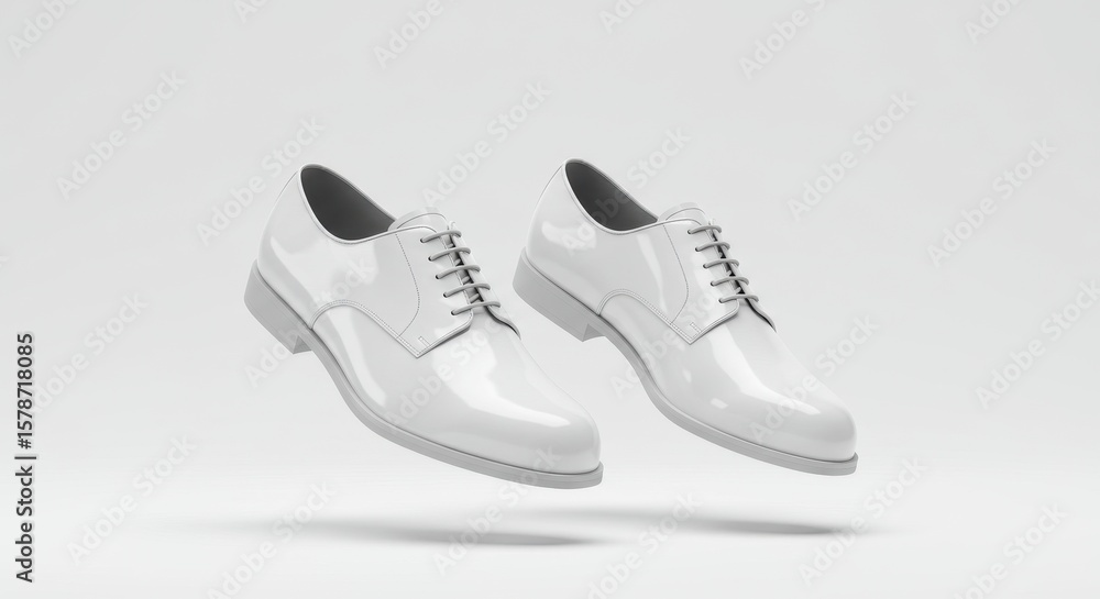 Two White Leather Dress Shoes Floating in a Clean, Minimalist Studio Two White Leather Dress Shoes Floating in a Clean, Minimalist Studio