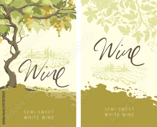Label for white wine. Set of vector illustration, design with vine and landscape in the background. Freehand author's drawing.