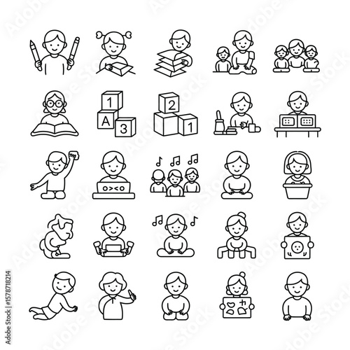 Collection of Black and White Line Art Icons Depicting Children Engaged in Various Early Childhood Educational Activities Including Reading Playing with Blocks Using Computers