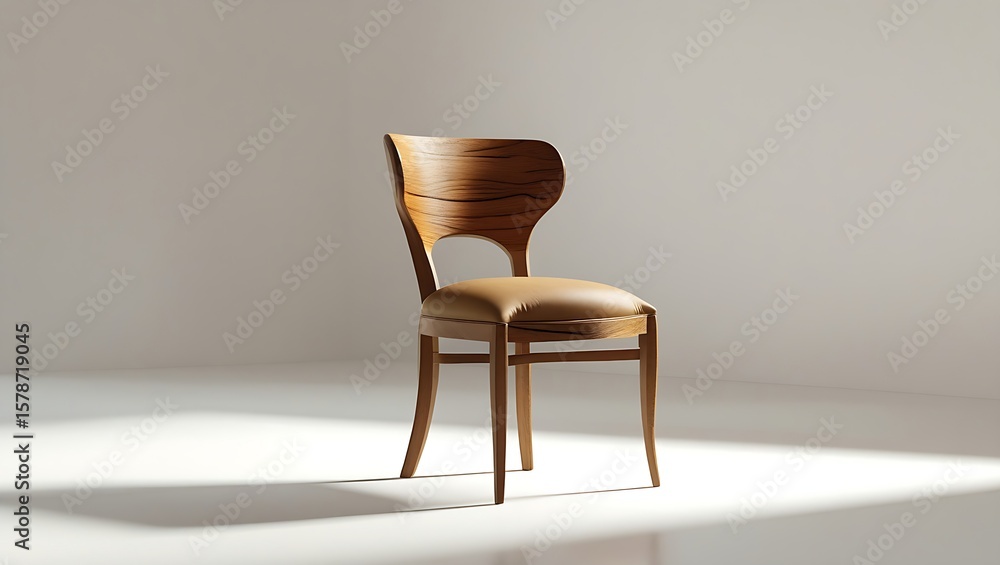 Fototapeta premium A wooden chair with a leather seat on a white background in a studio setting with soft lighting