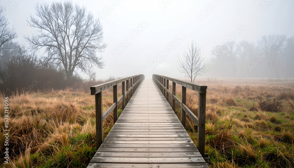 Fototapeta premium Long Wooden Bridge Leading Through Tranquil Foggy Meadow with Bare Trees a Peaceful Path Disappearing Into the Mist