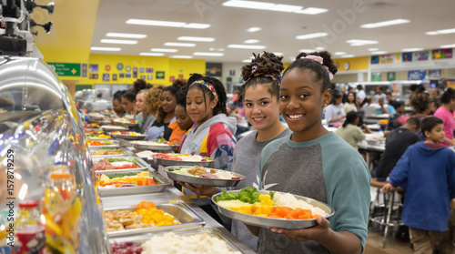 Students serving themselves lunch at a school cafeteria.